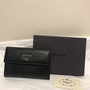 PRADA Black Saffiano Leather Trifold Wallet
